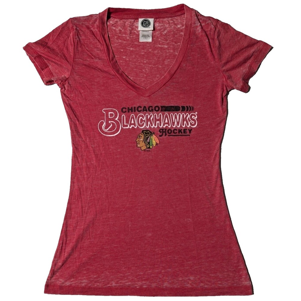 CHICAGO BLACKHAWKS NHL HOCKEY Women Small V-Neck  Red‎ Burnout T-Shirt NEW